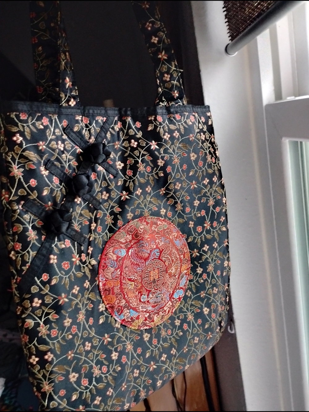 Rampage Black Floral Satin Tote Bag With Traditional Chinese Medallion